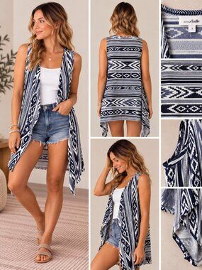 Charming Charlie Blue White Southwestern Aztec Longline Vest Women’s S